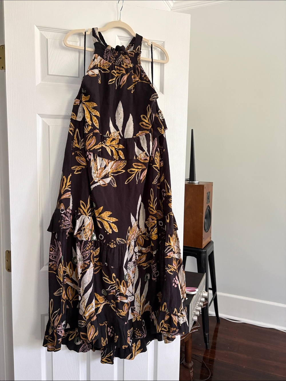 Free People Black Maxi Dress with Mustard & Cream Floral Print-Size XS